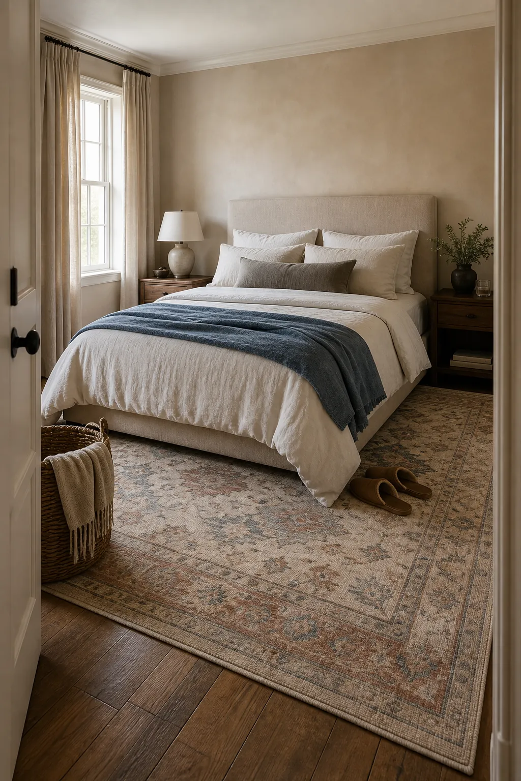 Finished bedroom with a generous softly patterned area rug grounding the bed