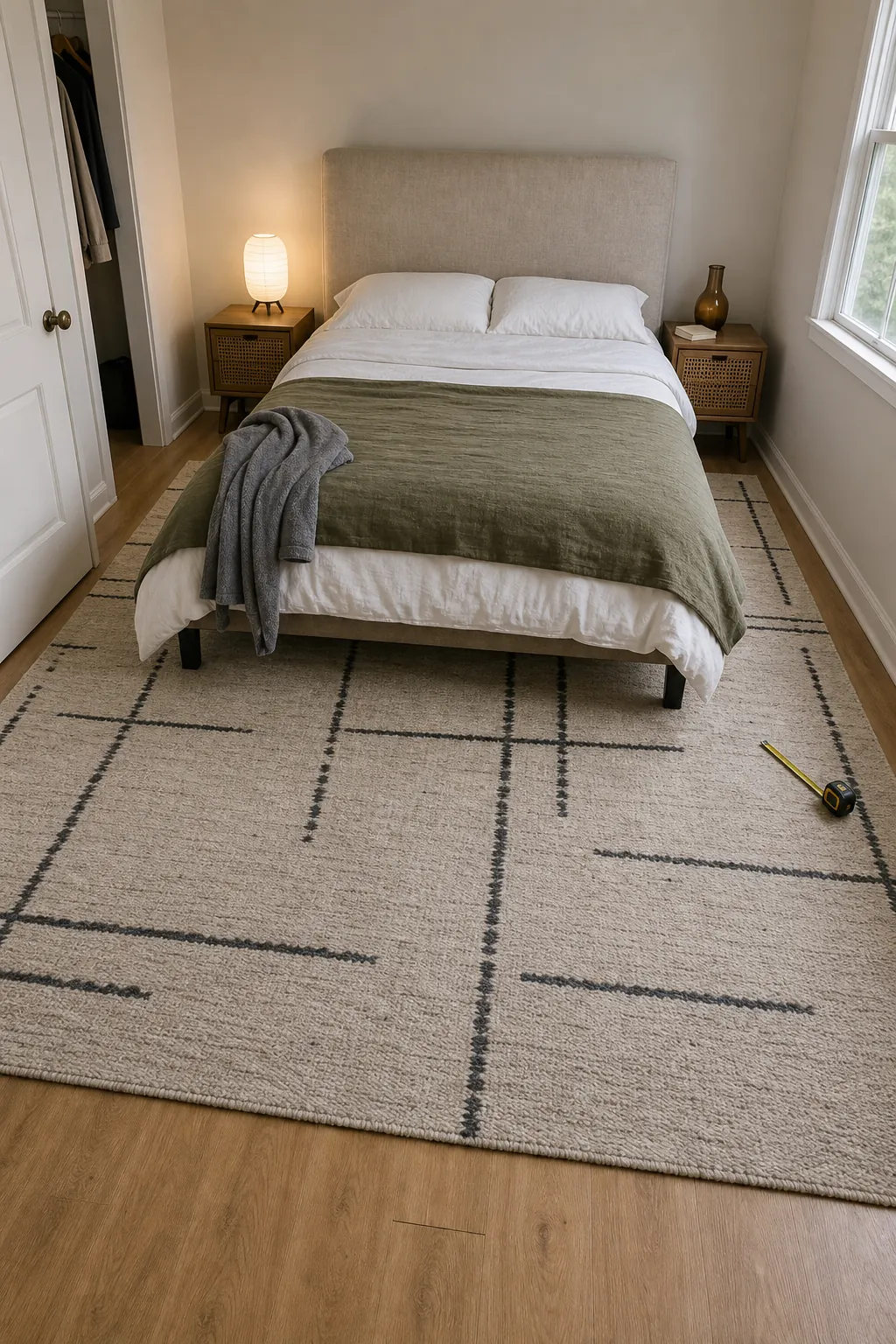 Bedroom rug placed under the lower two-thirds of the bed
