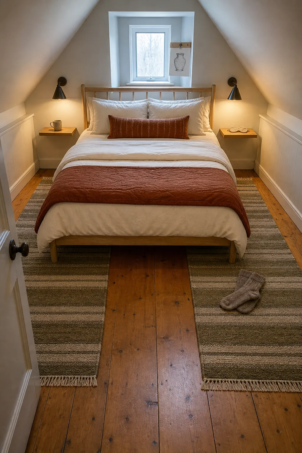 Matching woven runners placed along both sides of a bed