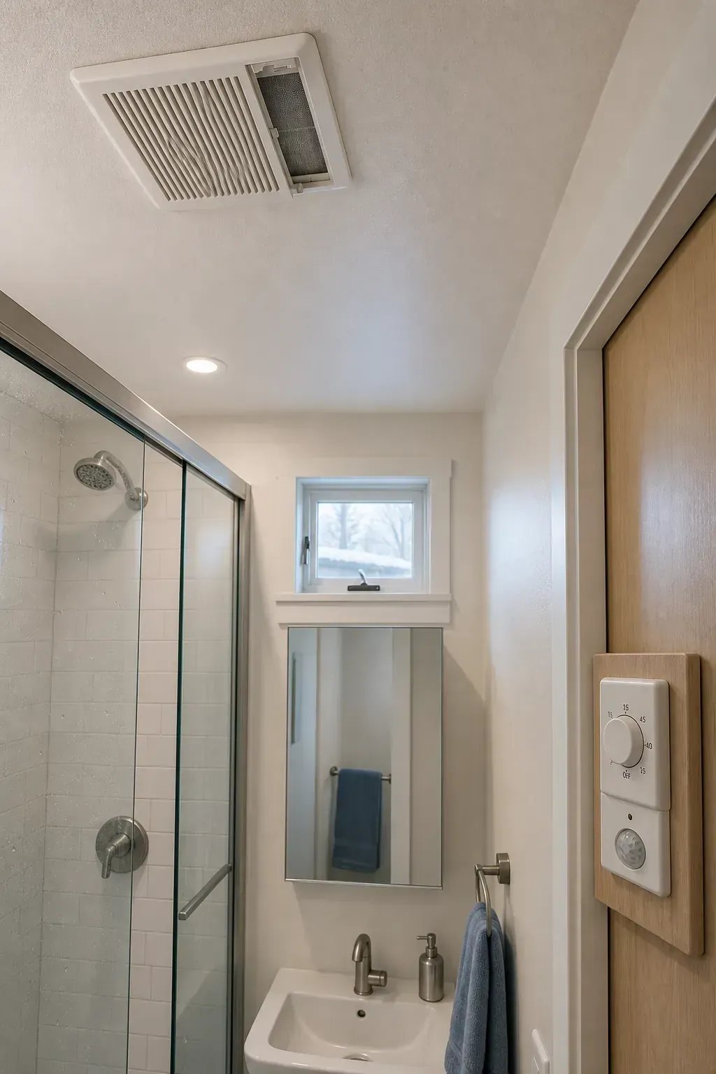 Clean tiny bathroom ceiling with a discreet quiet exhaust fan and timer control