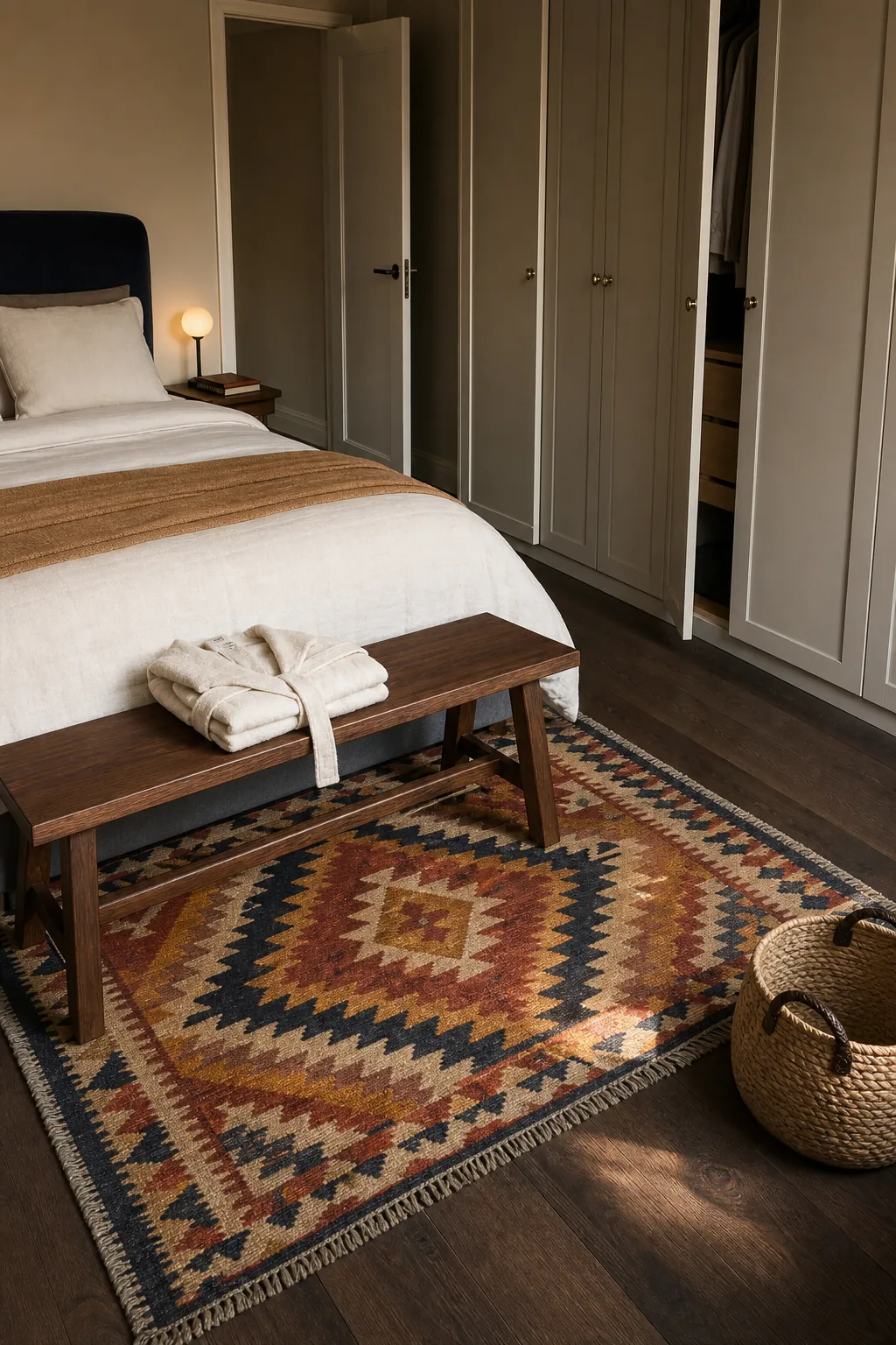 Compact accent rug positioned across the foot of a bedroom