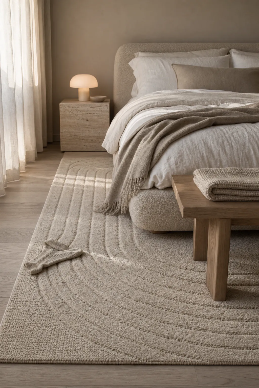 Textured tone-on-tone rug beneath a calm neutral bed