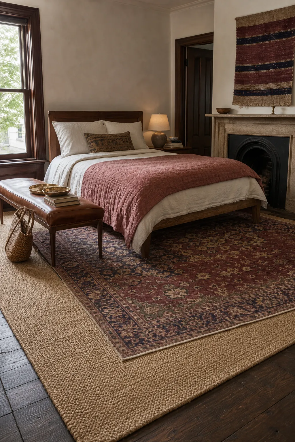 Vintage patterned rug layered over a large natural jute rug