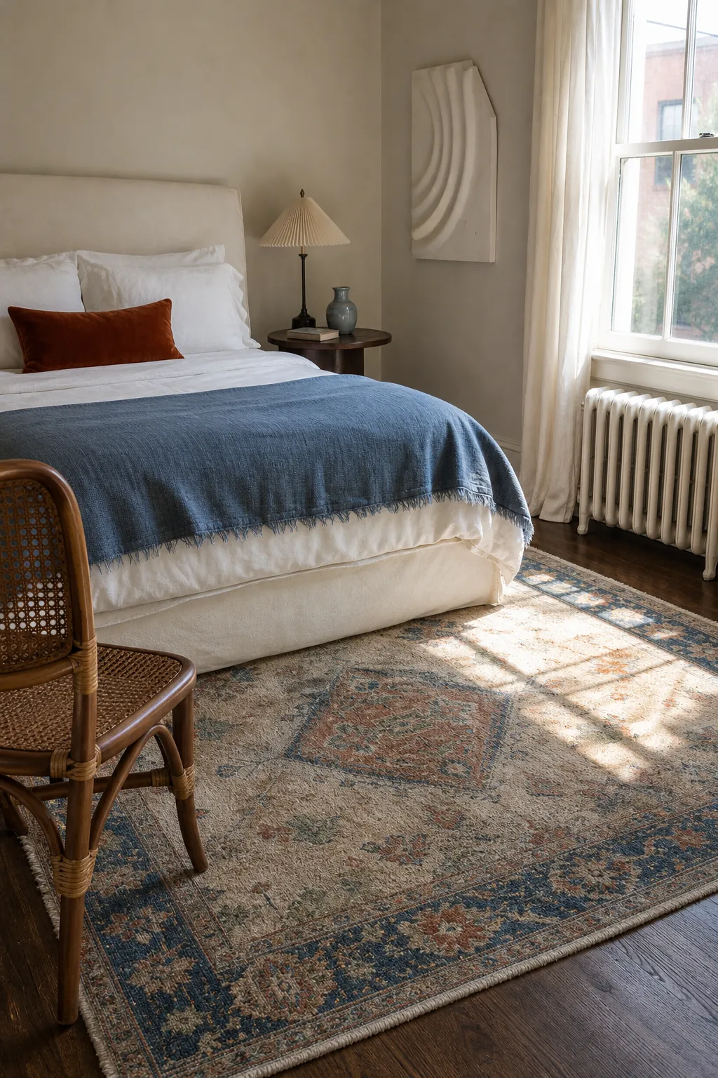 Faded Persian-style rug connecting blue and rust bedroom accents