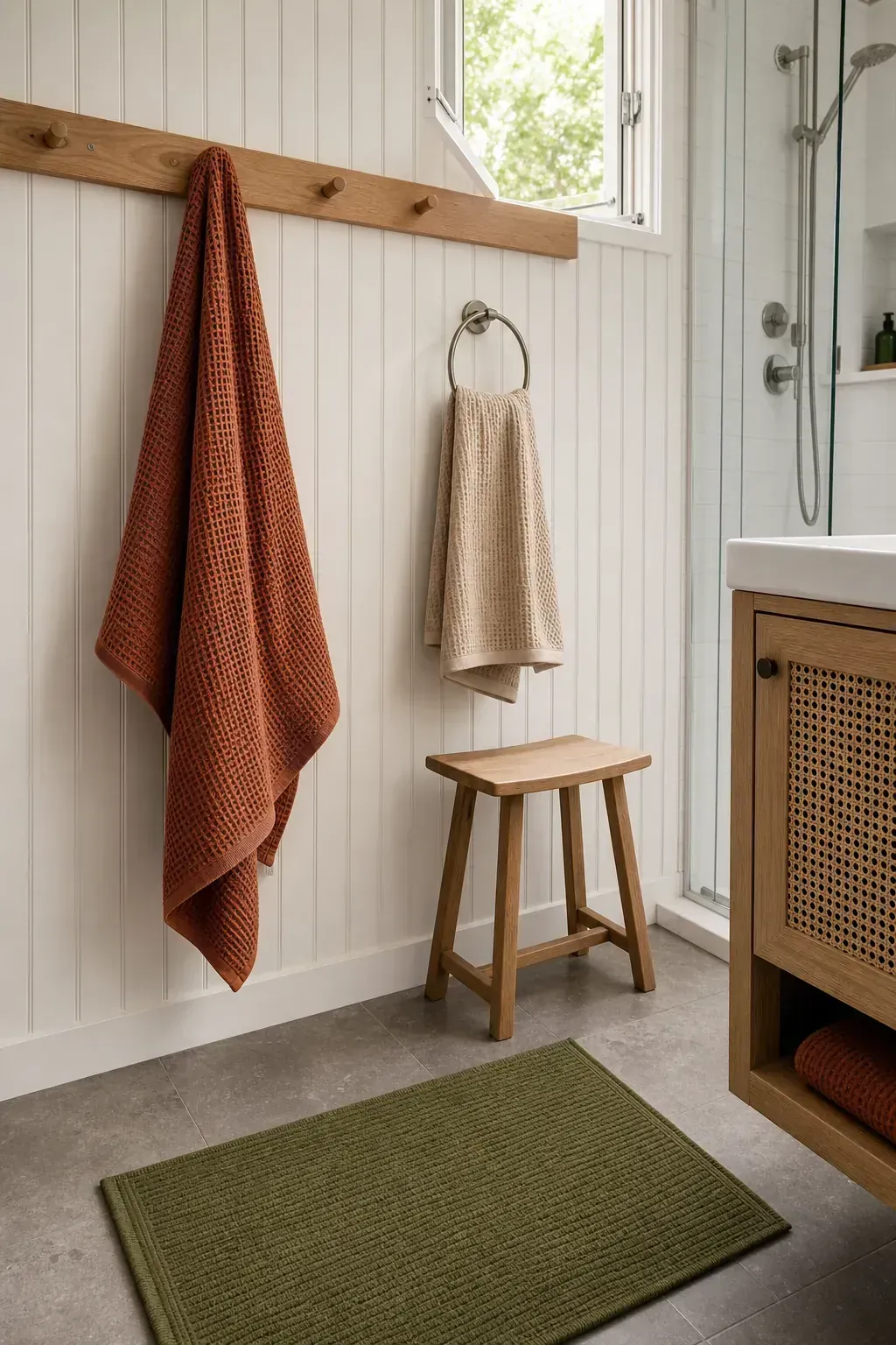Warm tiny bathroom styled with quick-drying waffle towels and a washable mat