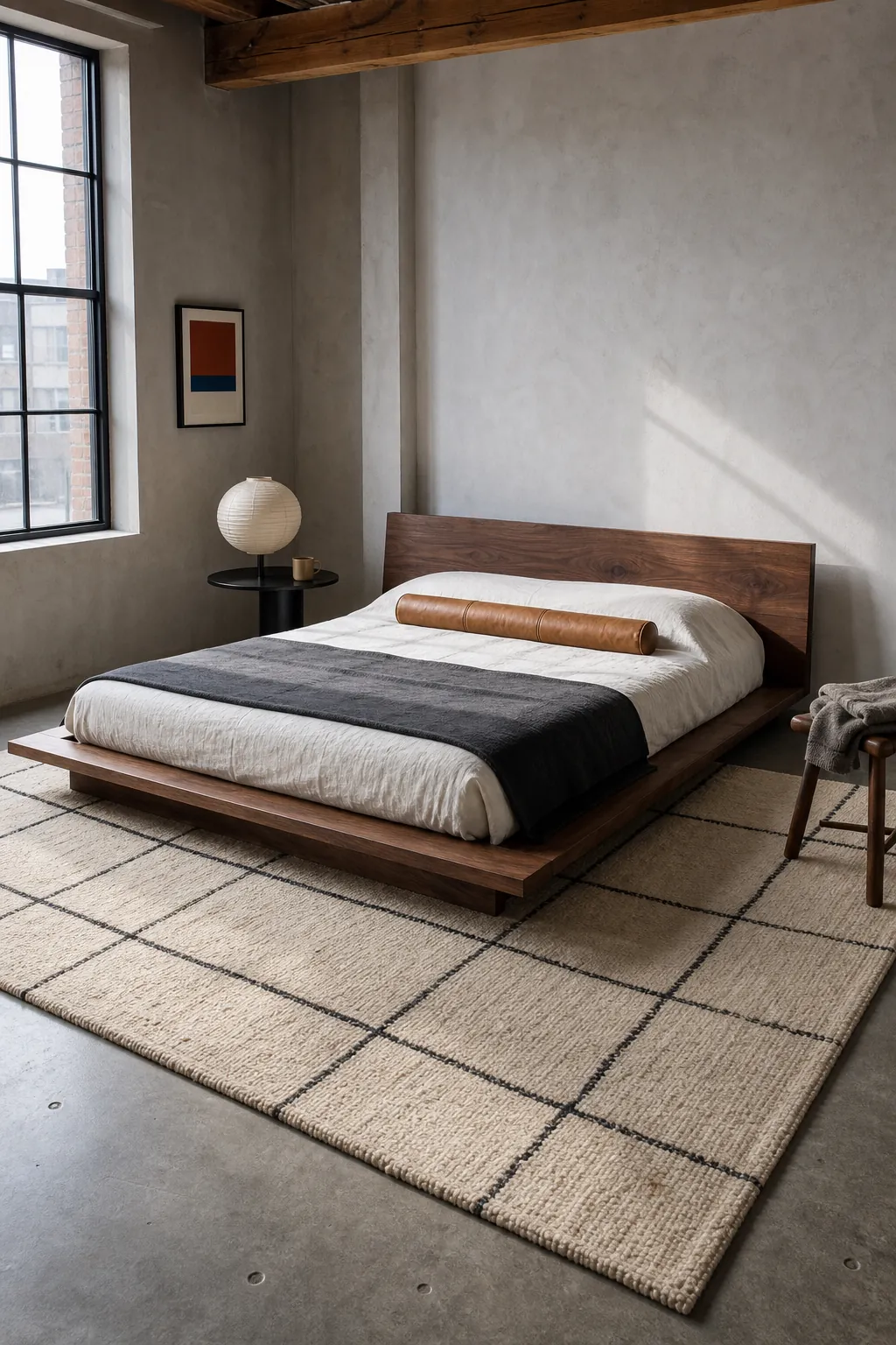Soft black grid rug beneath a modern wood platform bed