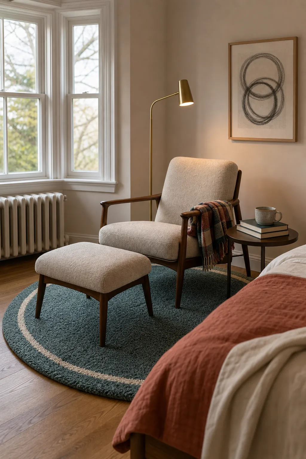 Round wool rug defining a bedroom reading chair corner
