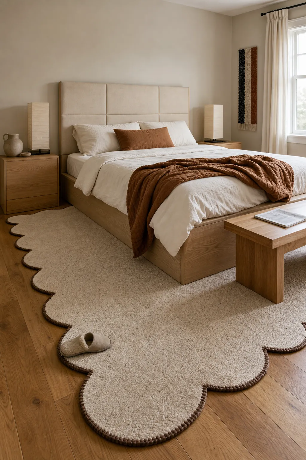 Cream scalloped-edge rug softening a boxy bedroom layout