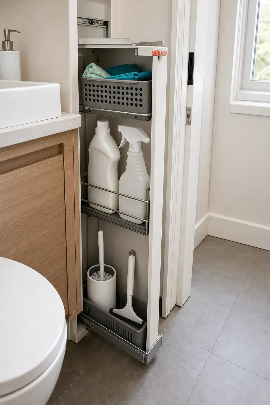 Slim pull-out cabinet organizing bathroom cleaning supplies in a tiny home