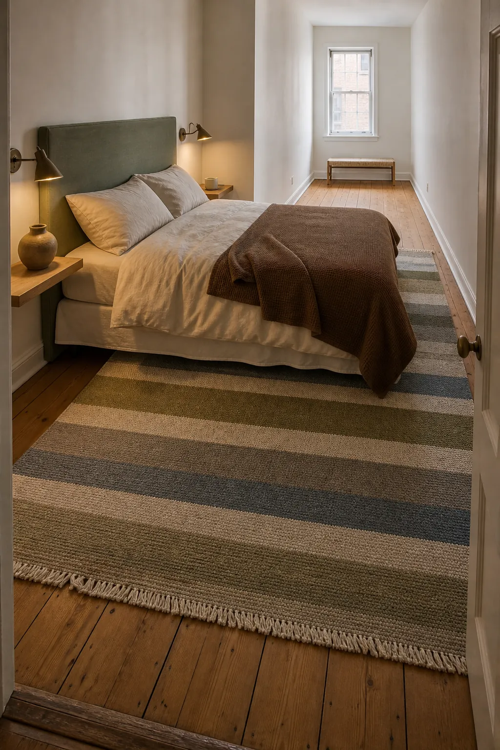 Broad striped rug visually widening a narrow bedroom