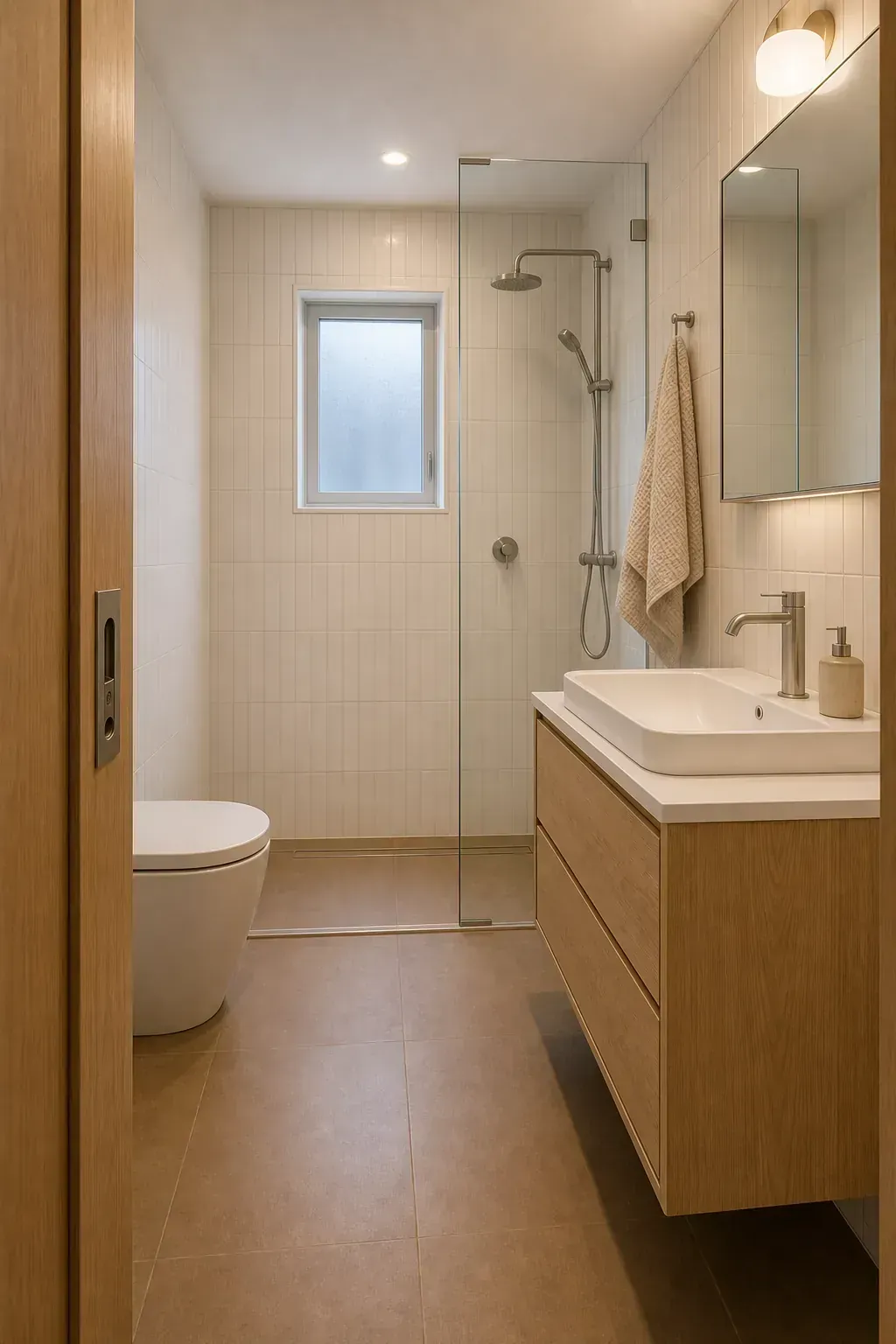 Tiny home bathroom using a continuous warm-neutral palette for a calm clean look