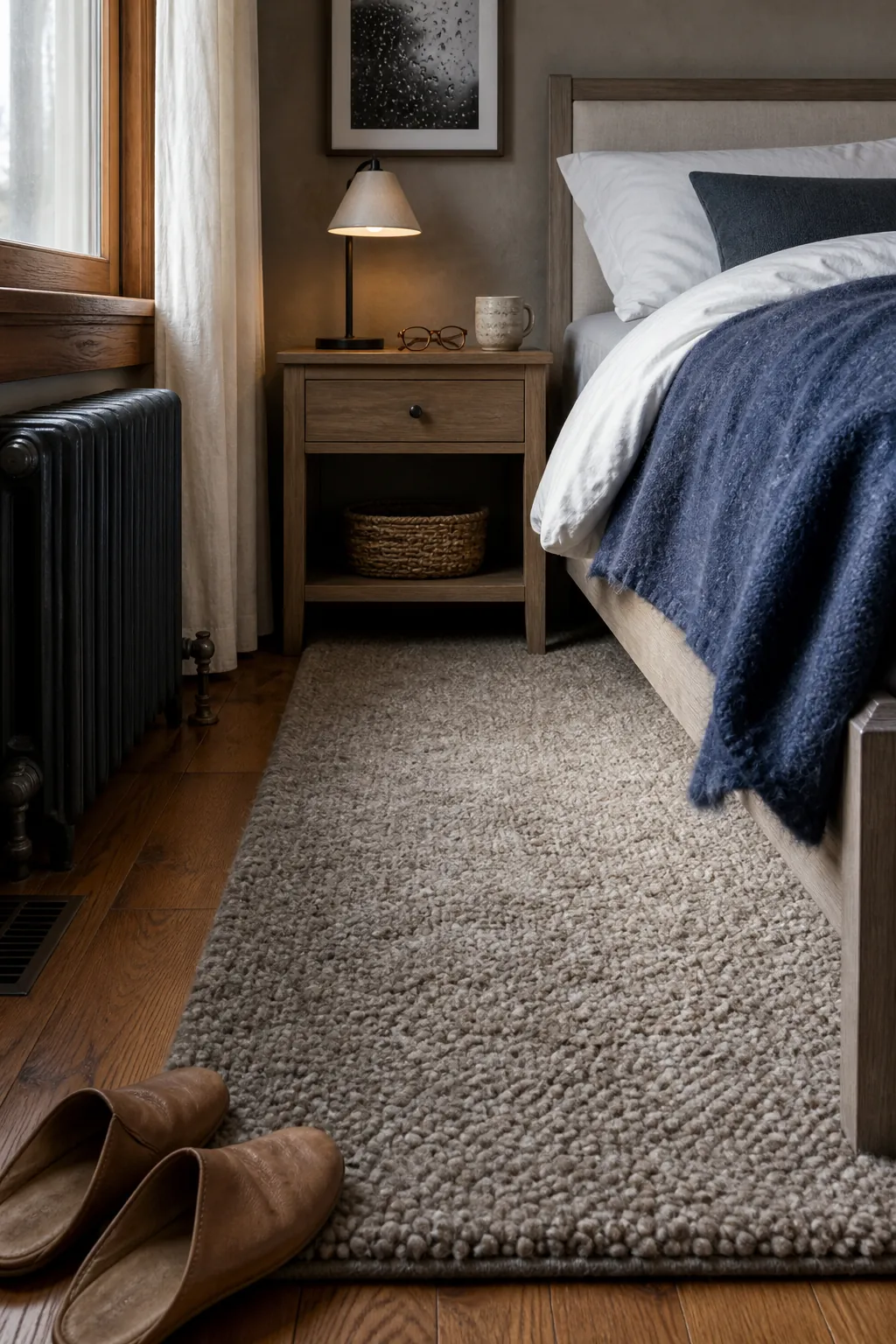 Dense soft wool rug creating a comfortable bedside landing