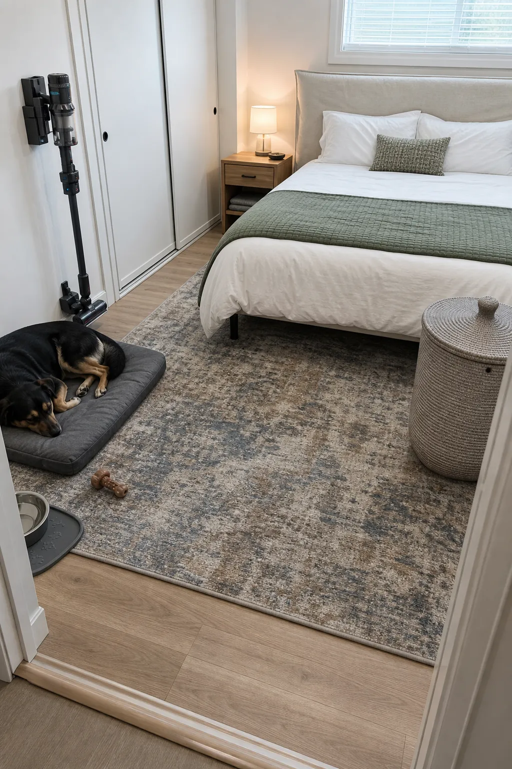 Washable low-pile rug in a practical pet-friendly bedroom