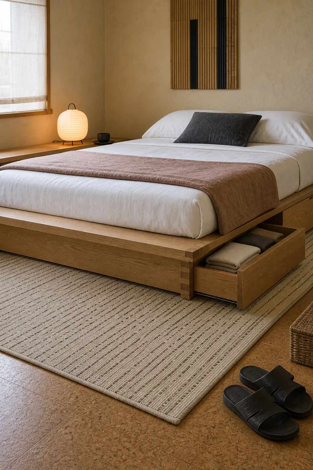 Thin flatweave rug beneath a low wood platform bed