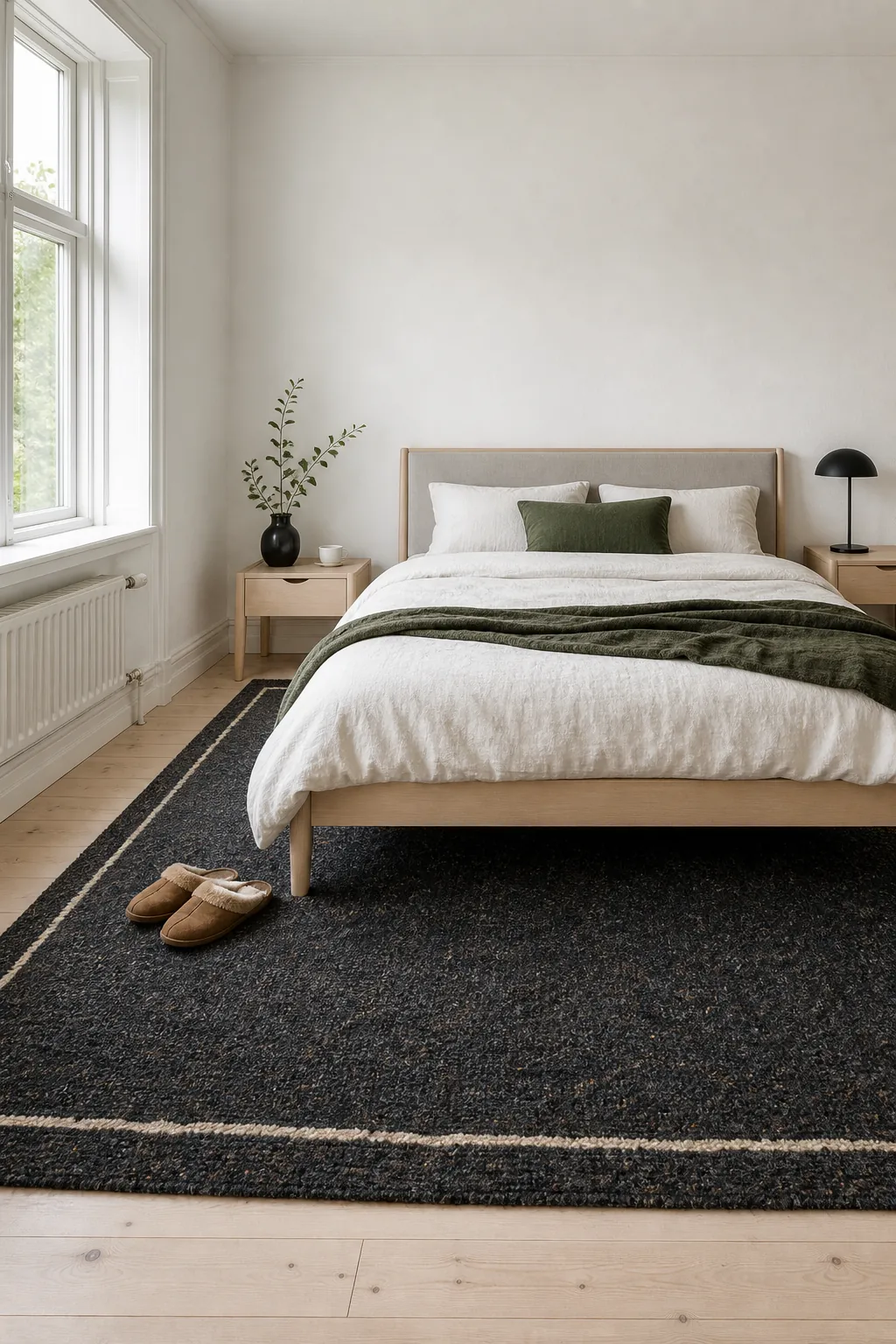 Deep charcoal rug grounding a pale airy bedroom