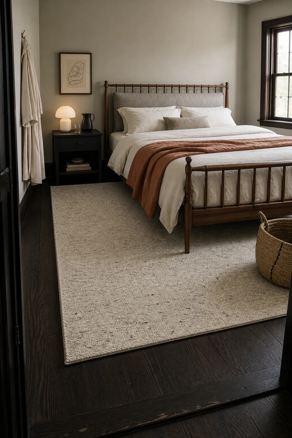 Pale oatmeal rug brightening dark bedroom floorboards