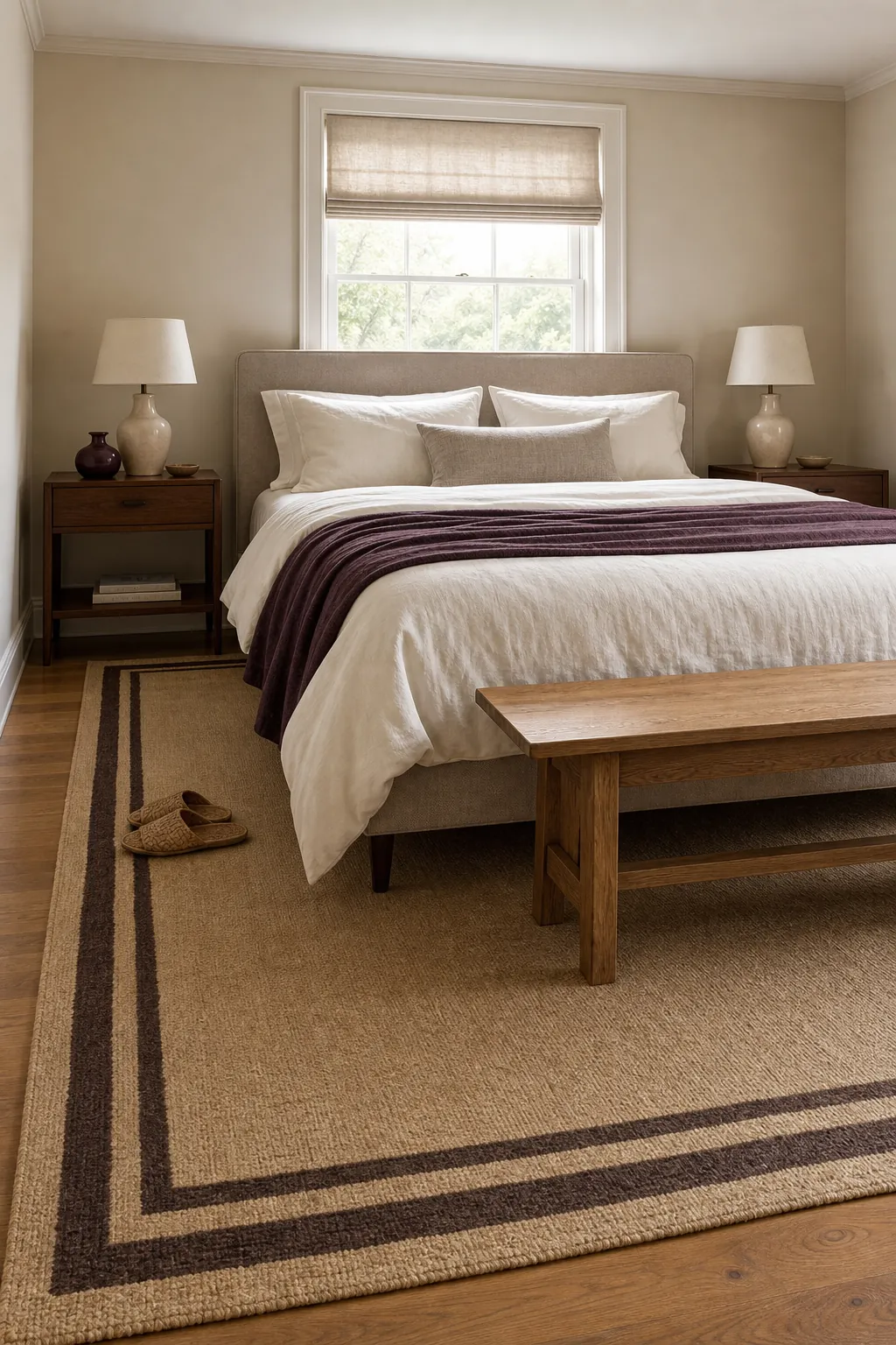 Broad bordered rug visibly framing a neutral upholstered bed