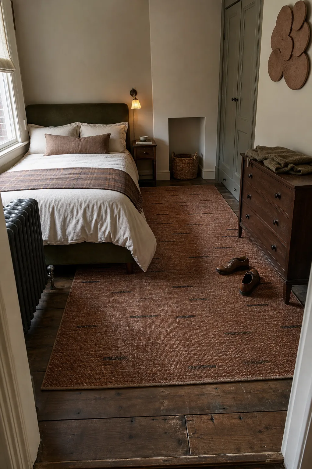 Offset area rug solving an awkward bedroom walkway