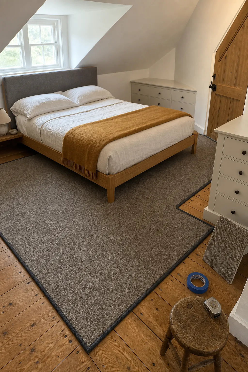 Custom-bound rug fitted around an unusual attic bedroom layout