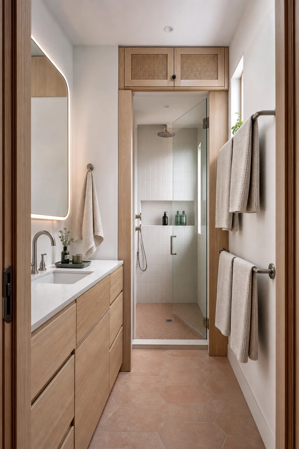 Organized tiny home bathroom with dry towel storage and concealed toiletries