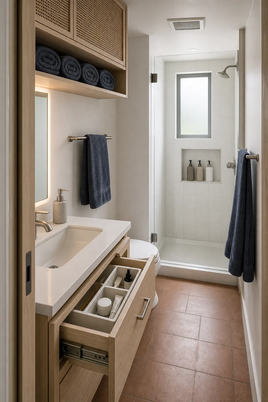 Tiny home bathroom organized into dry storage, daily-use, and towel-drying zones