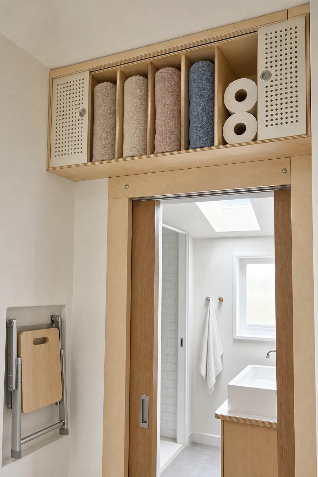 Compact ventilated cabinet storing a limited set of fresh towels above a tiny bathroom door