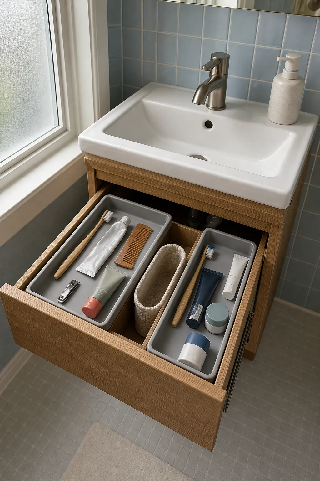 Shallow tiny bathroom drawer organizing one daily set of toiletries beside the sink