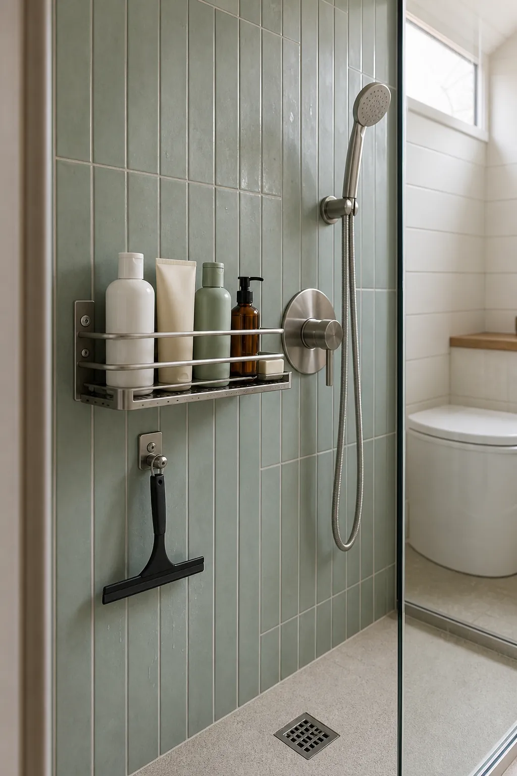 Compact tiny home shower with a draining one-row caddy for daily products