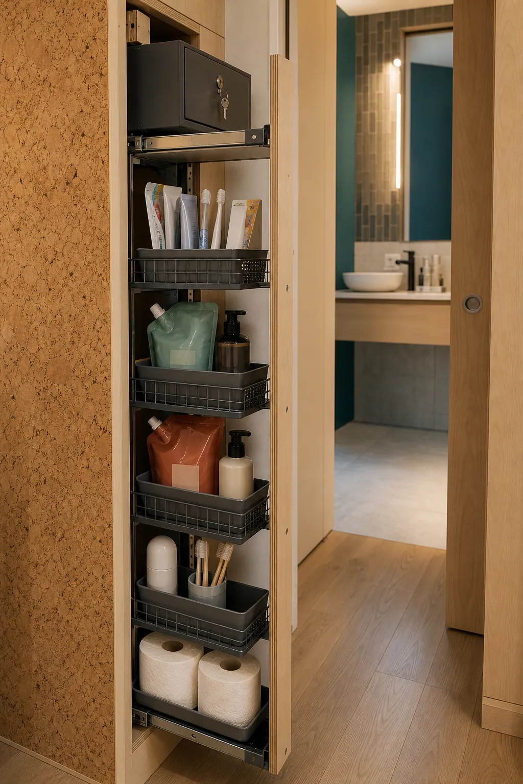 Slim pull-out cabinet organizing toiletry refills outside a tiny bathroom wet zone