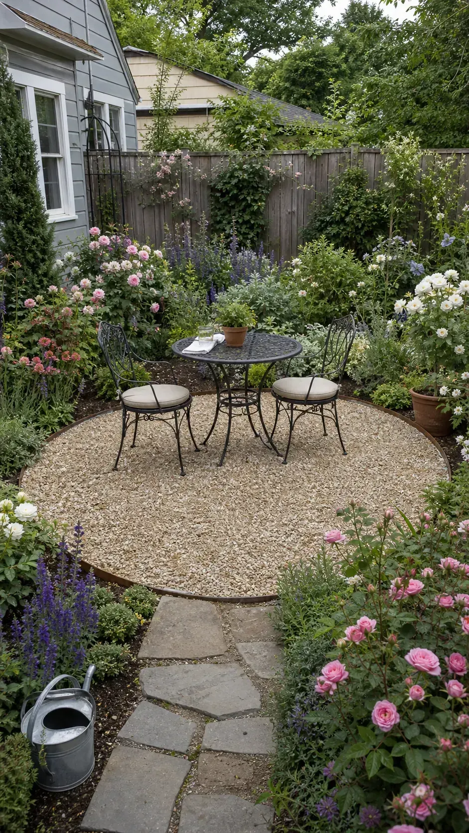 Round gravel seating area surrounded by French cottage flowers