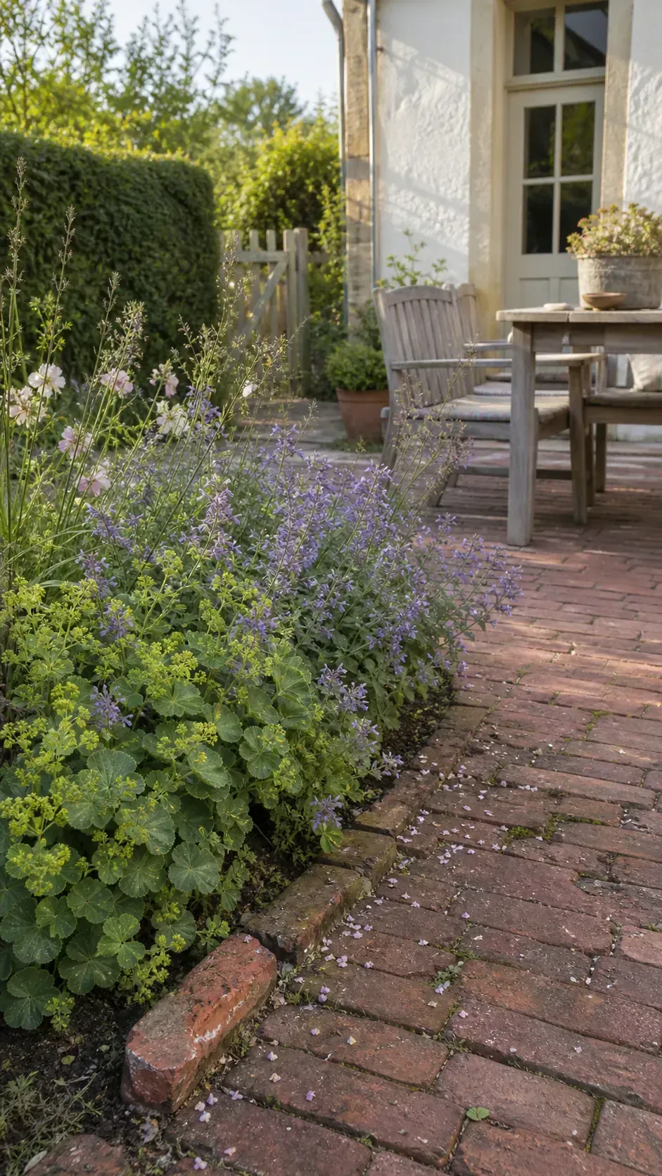 French country cottage patio with an aged brick edge and soft planting