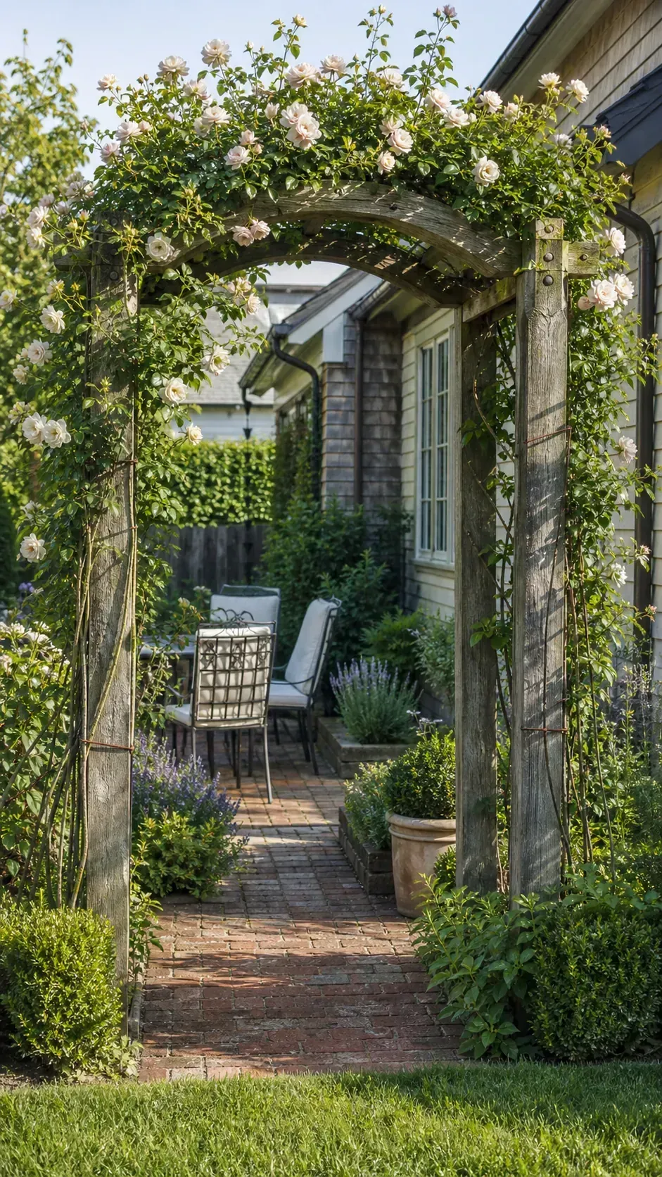 Climbing rose arbor marking the entrance to a cottage garden patio