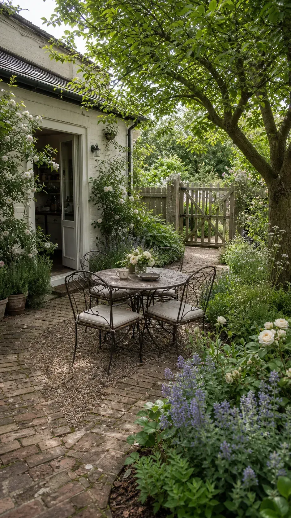 French country cottage garden patio with brick, loose flowers, and iron furniture