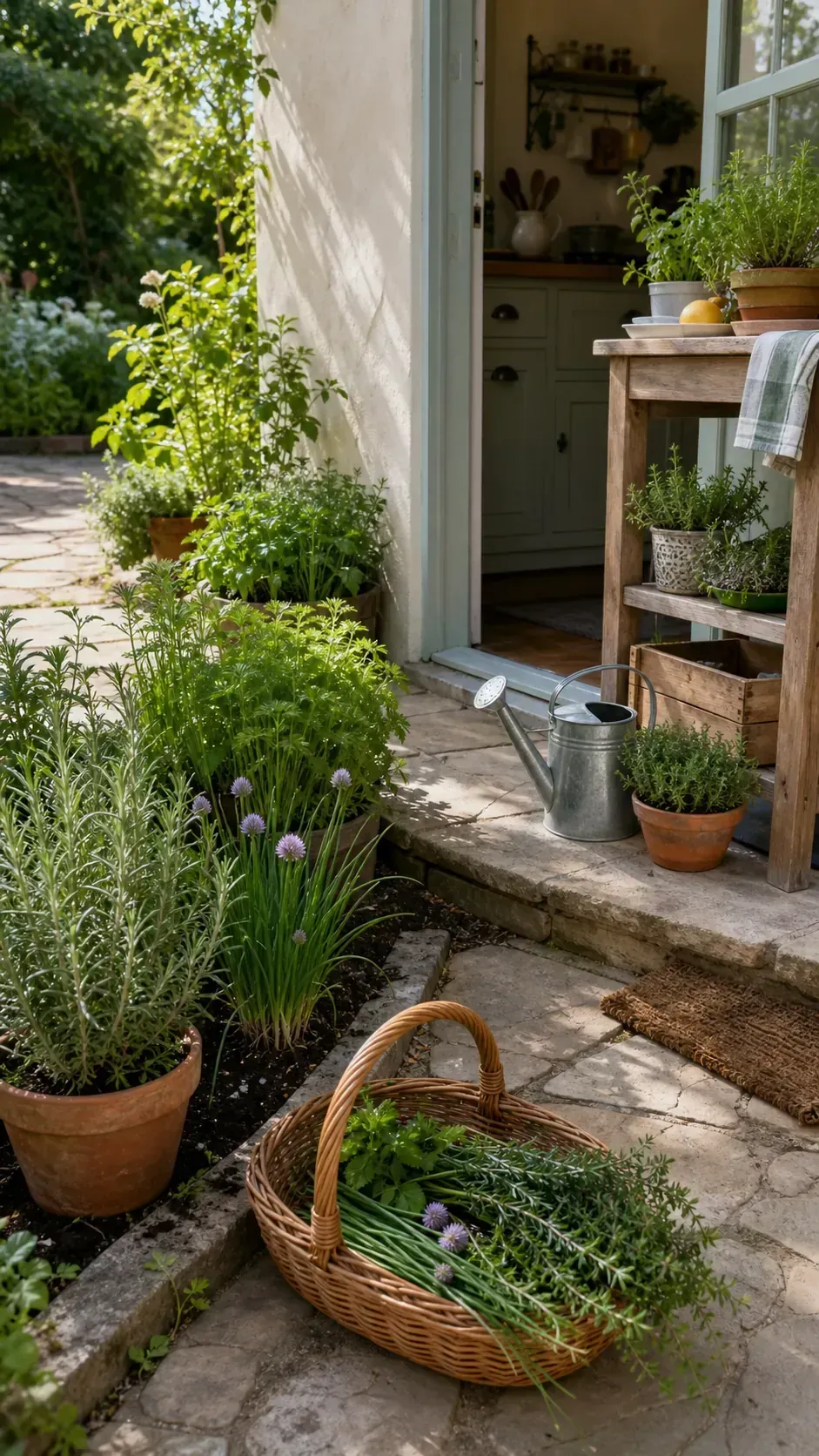 French cottage patio with herbs growing beside the kitchen step