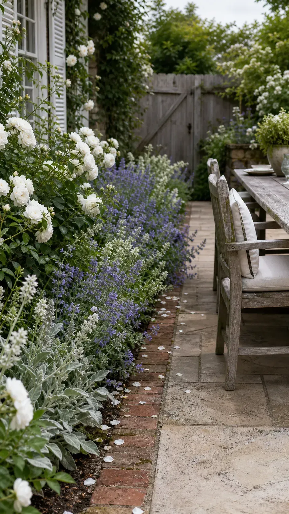 Blue and white cottage planting beside a French country patio