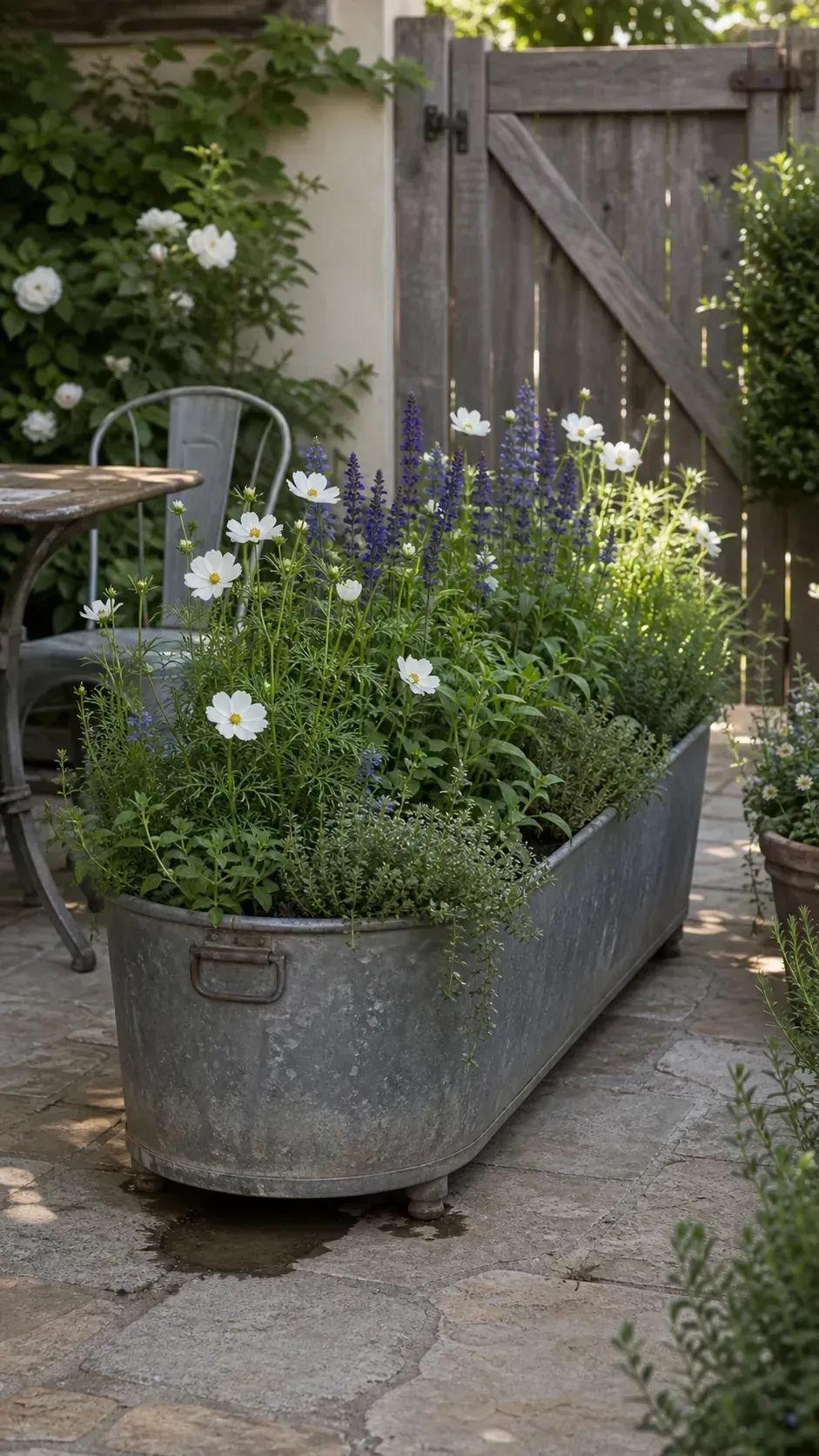 Aged zinc trough planted with cottage flowers beside a French patio
