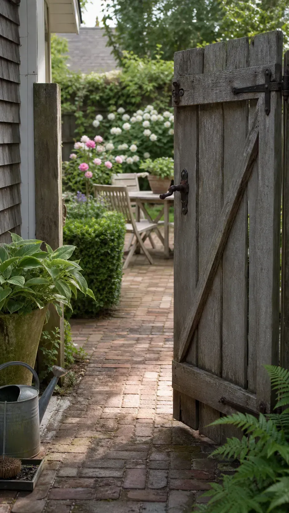 Weathered timber gate opening into a French cottage patio garden