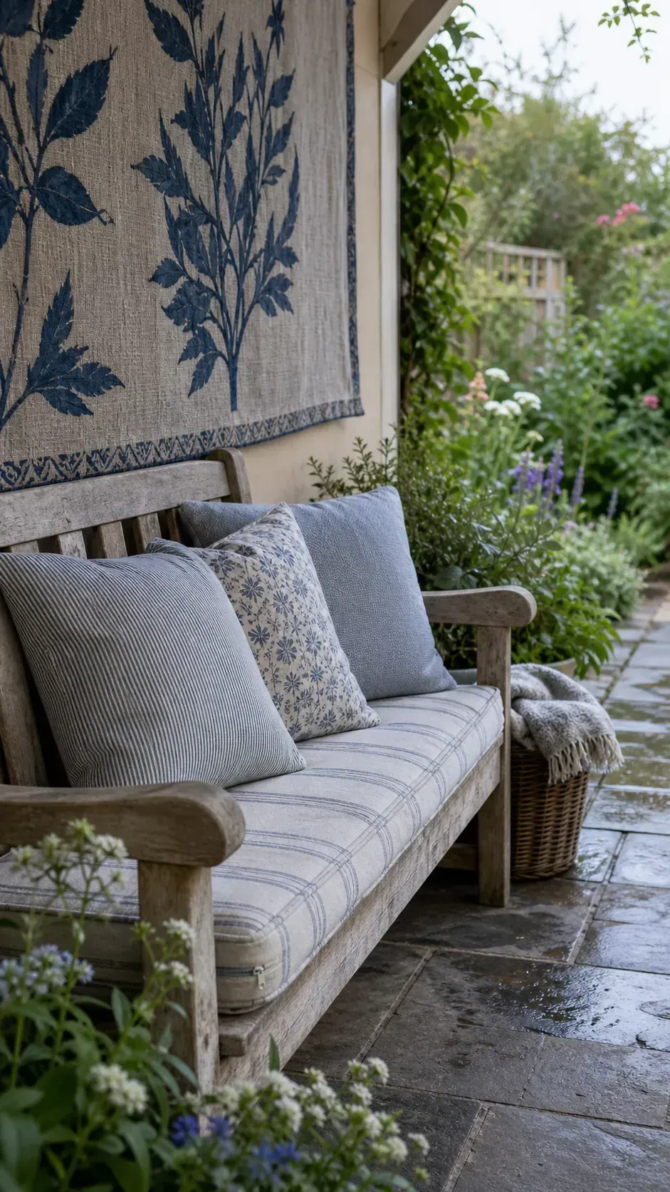 Wooden cottage garden bench with washable linen-look cushions
