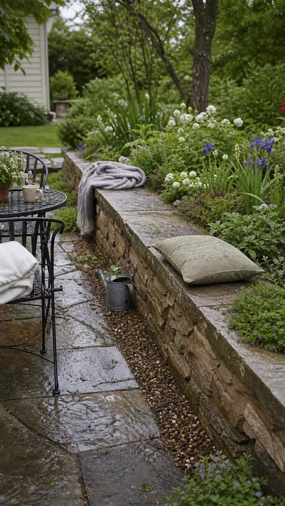 Low stone sitting wall bordering a French cottage garden patio