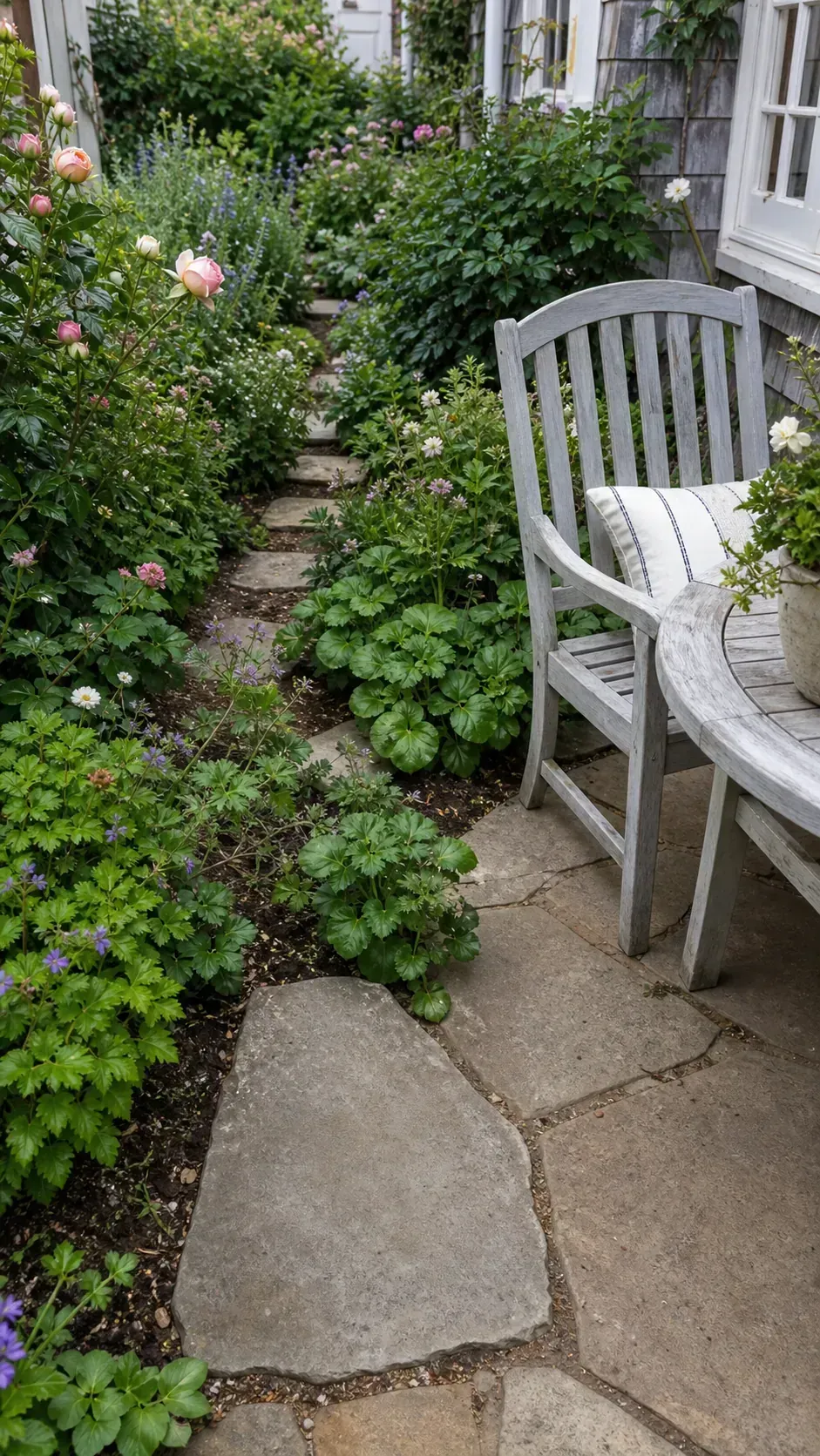 Stepping stones providing maintenance access through cottage planting