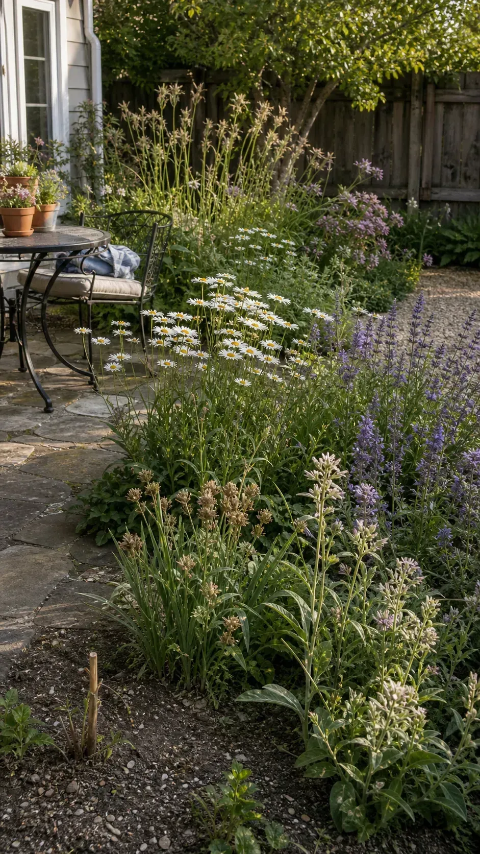 Native flowers arranged in loose cottage-style planting near a patio