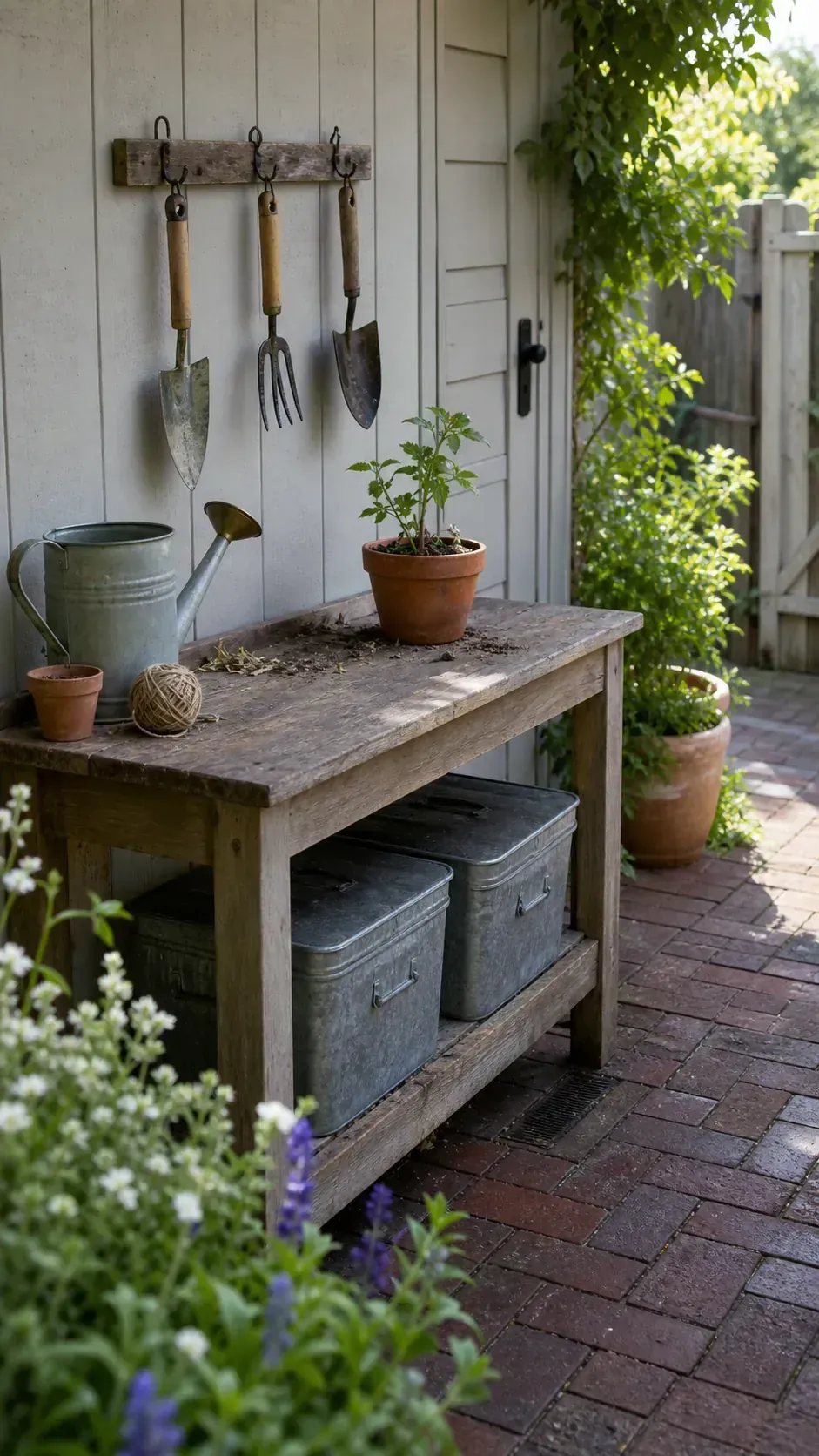 Orderly potting corner beside a French country patio
