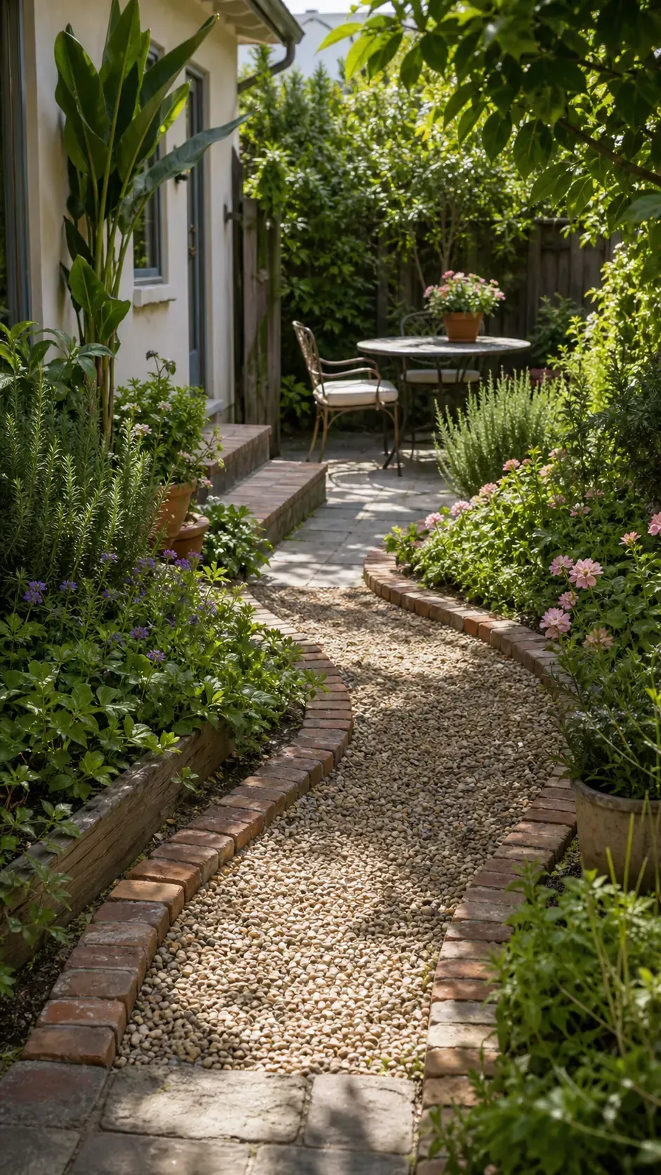 Curving brick and gravel path leading to a cottage garden patio