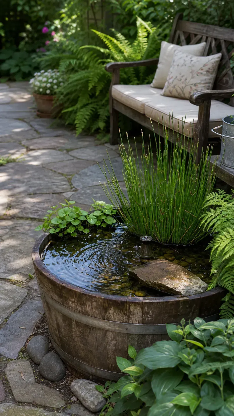 Small half-barrel water garden on a French cottage patio