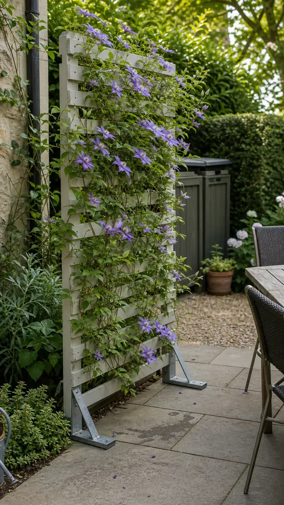Clematis growing on a freestanding screen beside a cottage patio