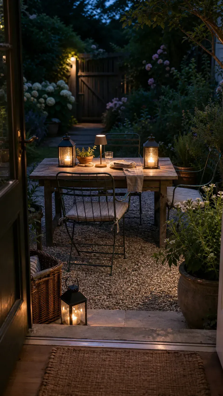 French country cottage patio table prepared for a simple evening supper