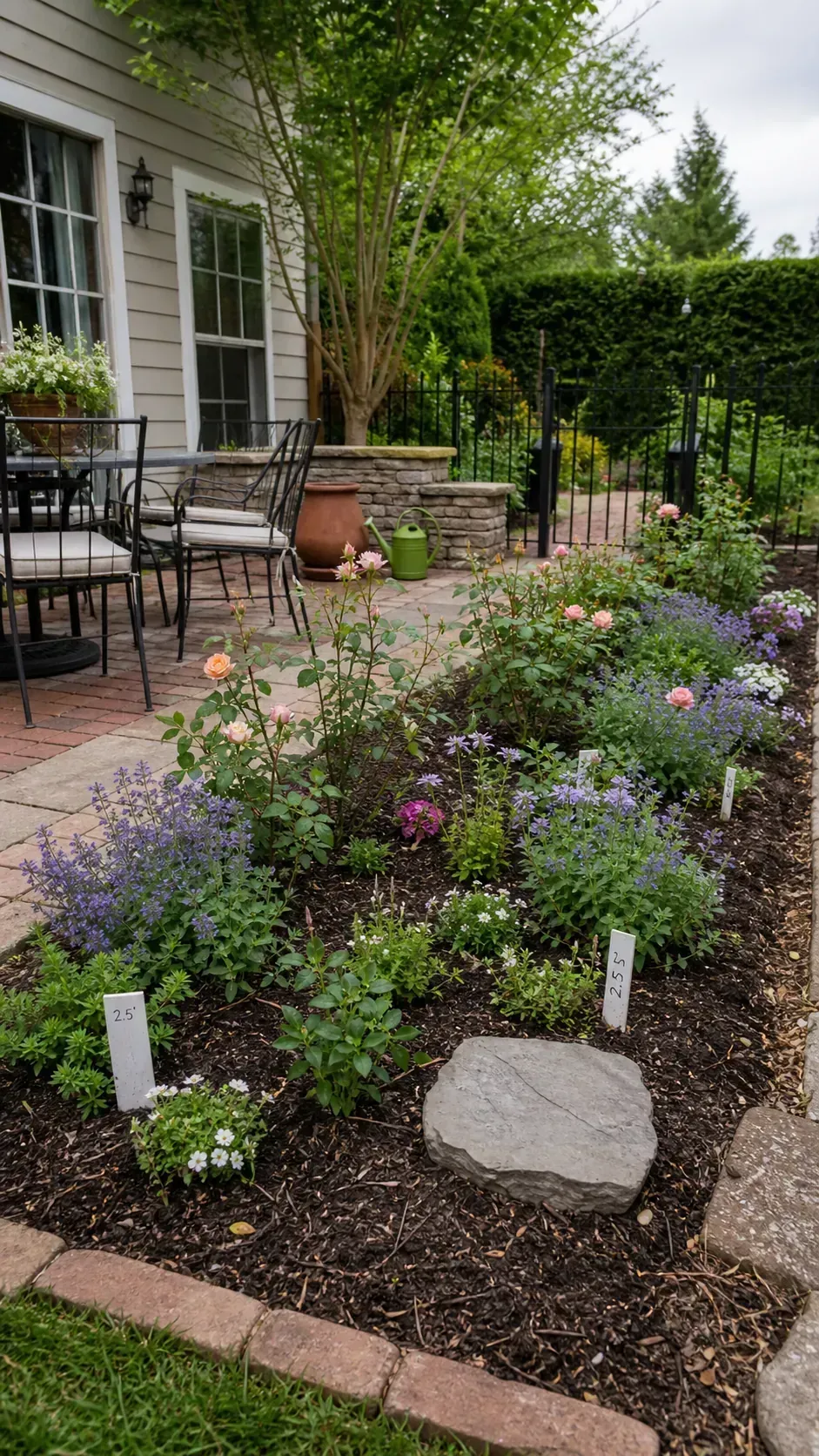 Young French cottage garden patio planted with space for mature growth