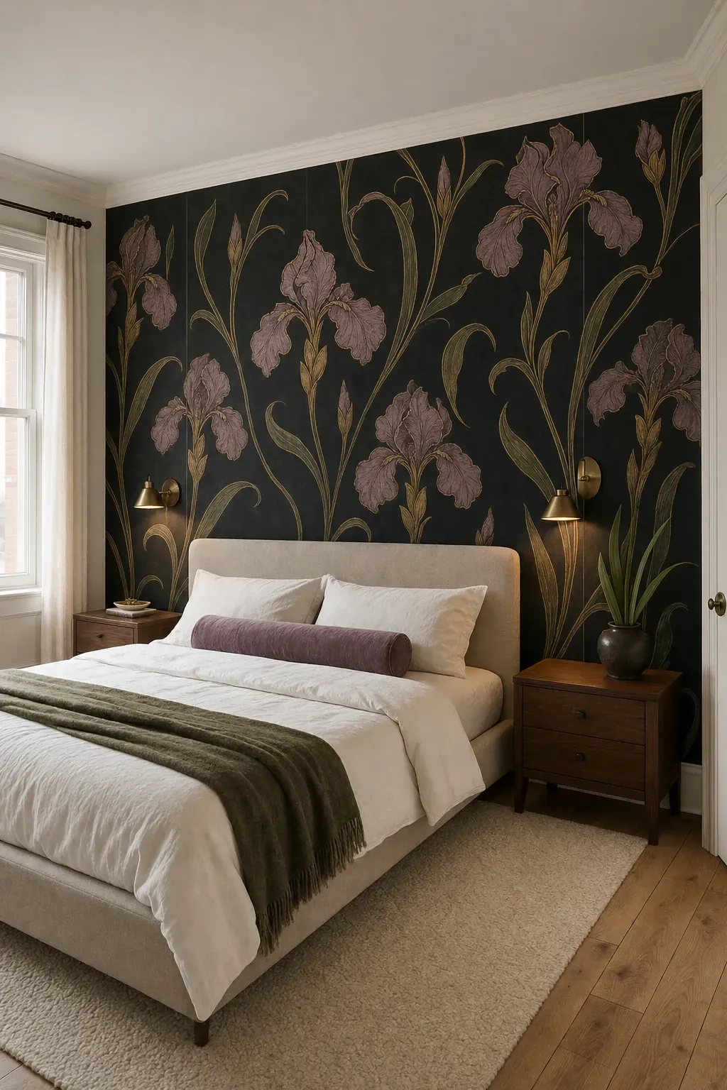 Bedroom headboard wall covered in black iris-pattern wallpaper