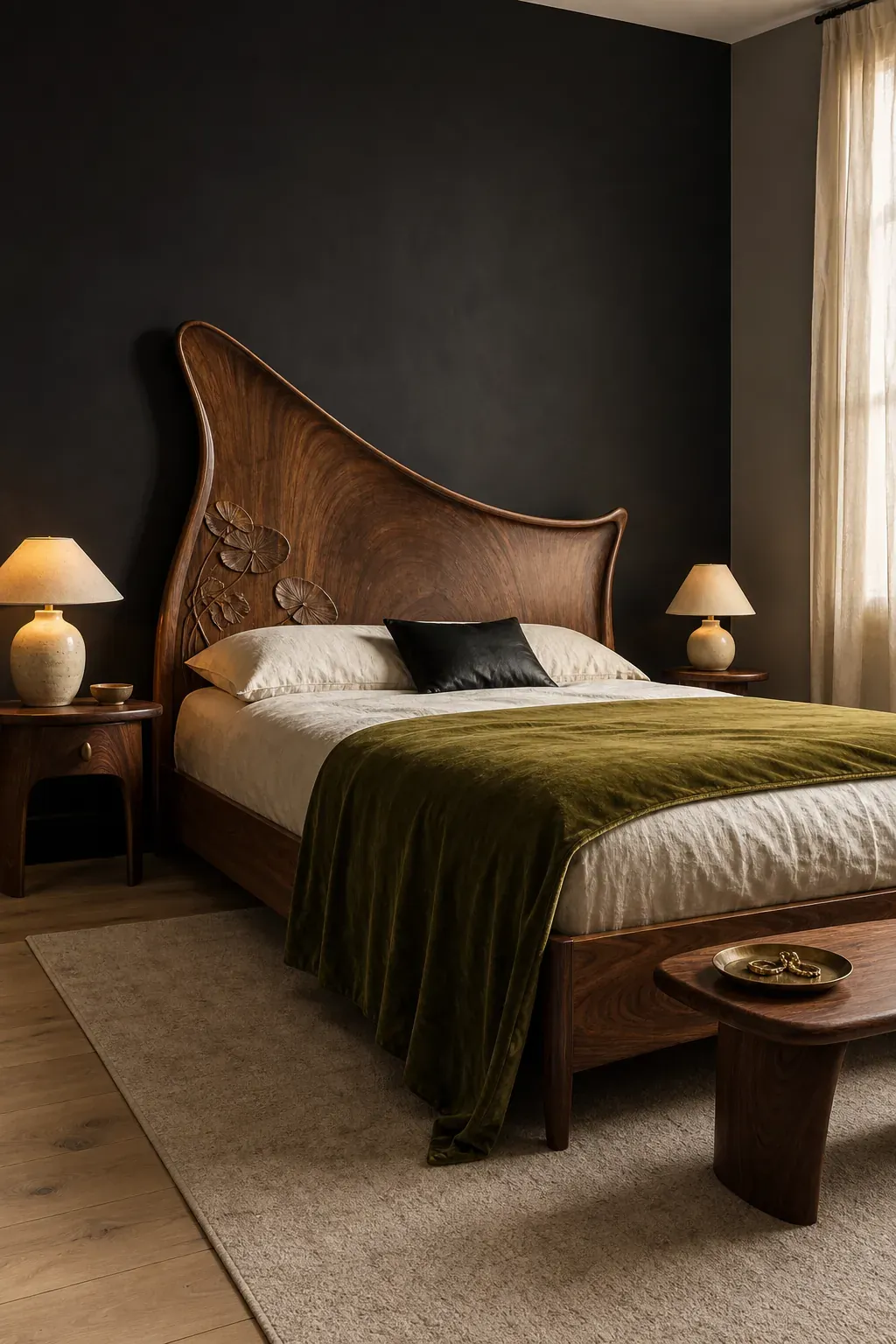 Curved walnut headboard against a dark romantic bedroom wall