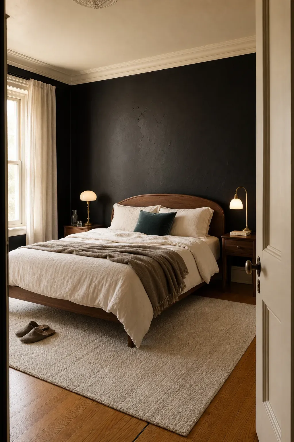 Black nouveau bedroom with inky walls and a warm cream ceiling